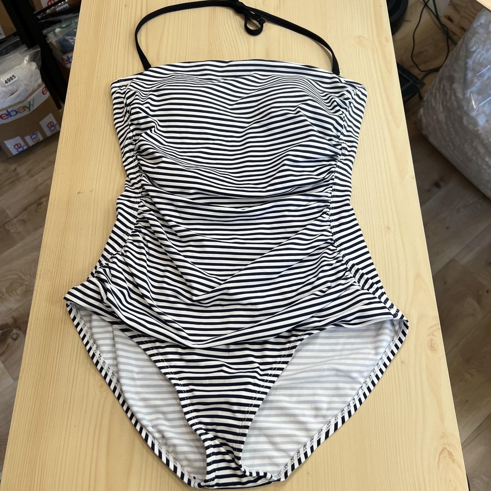 Tommy Bahama One Piece Swimsuit Womens 10 Blue White Stripe Bandeau Ruched Swim